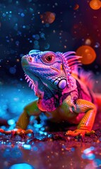 Obraz premium Vibrant hues: iguana illuminated in neon color, showcasing striking and vivid display of creature's scales, creating eye-catching, electrifying visual representation of its unique appearance.
