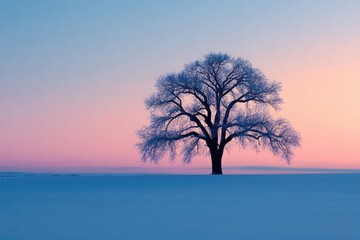A Lone Tree Stands Silhouetted Against a Pink and Blue Sunset in a Snowy Field