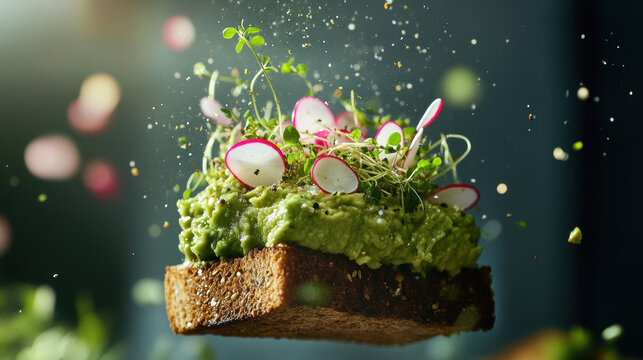 floating toast topped with smashed avocado, radishes, and fresh microgreens creates vibrant and appetizing scene. colorful ingredients and dynamic presentation evoke sense of freshness and
