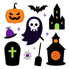 A set of cute Halloween icons featuring a ghost, a pumpkin, a haunted house, a bat, a graveyard, a witch's hat, a broomstick, and a spider web. Perfect for adding spooky charm to your projects.