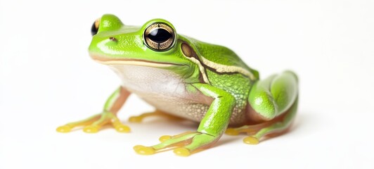 Obraz premium A vibrant green frog poised on a white background