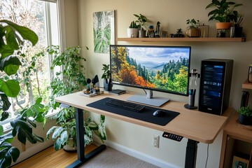 A modern work-from-home setup featuring a desktop computer, greenery, and a bright window view in a cozy space. Generative AI
