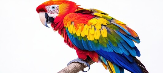 Fototapeta premium A vibrant parrot perched on a branch, with its bright, multicolored feathers standing out vividly against a white backdrop