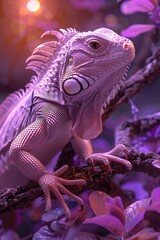 Fototapeta premium Radiant display: iguana bathed in neon color, highlighting bold and bright tones that enhance reptile's distinctive features, offering mesmerizing, dynamic portrayal of its natural beauty.