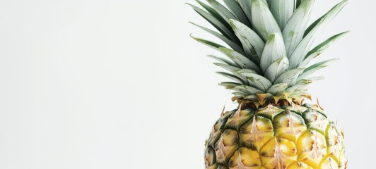 A whole pineapple with its spiky leaves and textured skin, positioned against a clean white backdrop