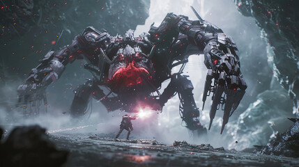 Gigantic mechanical creature in a scifi game scenario fighting a hero character.
