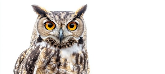 Obraz premium A wise owl with large, round eyes and detailed plumage, perched confidently against a stark white background
