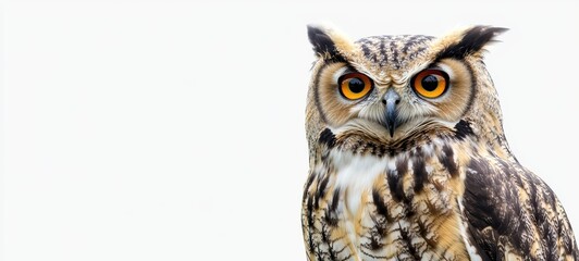 Fototapeta premium A wise owl with large, round eyes and detailed plumage, perched confidently against a stark white background