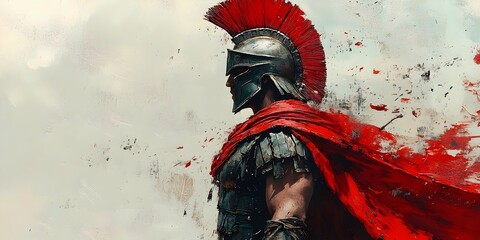 A powerful, digital painting of a Roman soldier in full armor, with his red cape billowing behind him as he gazes out at the horizon.