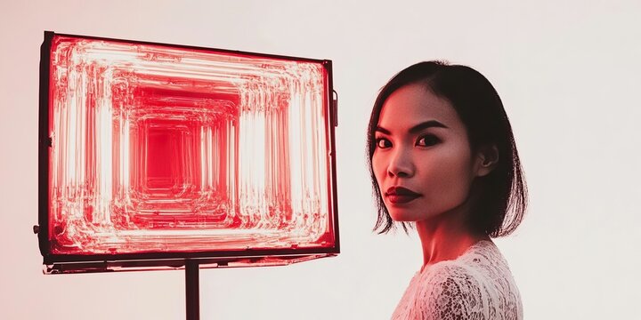 Digital woman face for AI technology concept. Glitched and corrupted female face. Beautiful girl. Model hidden behind mirror pattern. Red Reeded Glass. Ribbed Background.