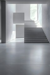 Obraz premium A modern staircase in a minimalist interior, bathed in natural light. The sleek design and clean lines create a sense of serenity.