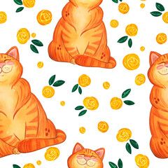 Seamless pattern with ginger cats among yellow roses and green leaves on a white background. Watercolor illustration hand drawn in a childish style. Drawing for paper, textiles, invitations, cards