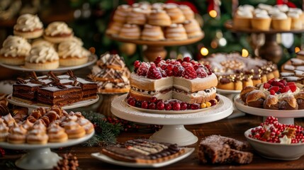 A table set with a variety of cakes and desserts