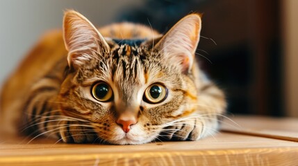 A close-up of a curious cat resting on a surface, showcasing its large eyes and beautiful fur pattern in a cozy setting.
