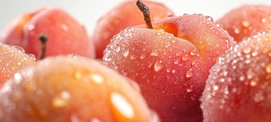 Several ripe peaches with their fuzzy skin and warm colors, set against a white backdrop