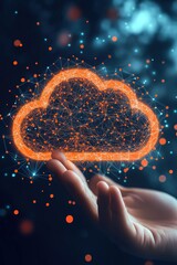 A hand holding a digital cloud made of interconnected orange lines and dots against a dark background.