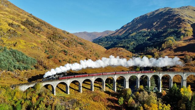 steam train on bridge in scotland