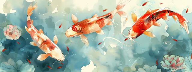 Three vibrant koi fish swimming gracefully through tranquil waters surrounded by lotus flowers and gentle ripples.