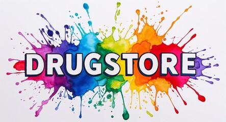 Drugstore word lettering on colorful paint watercolor splash on plain white background