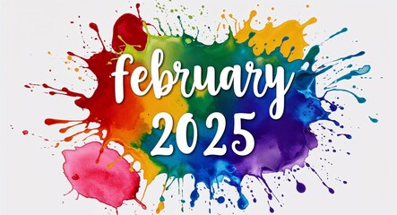 Obraz premium february 2025 word lettering on colorful paint watercolor splash on plain white background