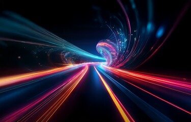 Fototapeta premium Abstract light trails forming a tunnel against a dark background.