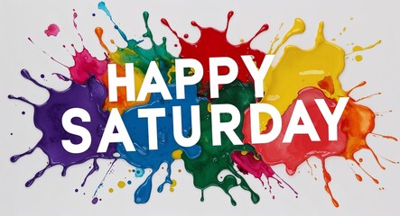 happy Saturday word lettering on colorful paint watercolor splash on plain white background