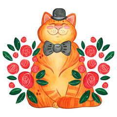 Ginger cat in a black hat and bow tie in rosebuds on a white background. Watercolor illustration drawn by hand. Drawing for postcards, posters. Flowers, roses, stylization, set, green, red, bright