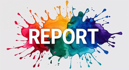 Report word lettering on colorful paint watercolor splash on plain white background