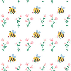 Seamless drawing of a flower garden with little bees. hand painted Use it to make clothing, gift wrapping paper.