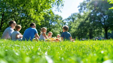 Fototapeta premium family enjoying leisurely picnic in sunny park surrounded by greenery.