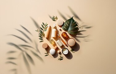 Fototapeta premium Natural beauty products, such as lotions and creams, are arranged on a neutral background with leaves and natural light.