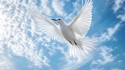 Fototapeta premium Bare-throated Bellbird Flying in Nature under Blue Sky, Photo Realistic, Wallpaper, Cover and Screen for Smartphone, PC, Laptop, 9:16 and 16:9 Format