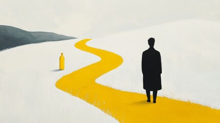 Silhouette of a man on a winding yellow path in abstract landscape, conceptual art