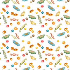 Seamless pattern of candies and round cookies with rings. Watercolor illustration, hand drawn in childish style. Drawing for printing on fabric, wrapping paper. food, sweets, pastries, caramel, sweet,