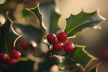 Obraz premium Close-up of Red Berries and Spiky Green Leaves on a Holly Plant