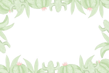 Horizontal frame with exotic plants and cacti copy space illustration watercolor without text for printing and web