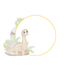 Template for banner or postcard with children's illustration, with dinosaur with long neck, cacti and exotic plants and stones copy space illustration without text for printing and web