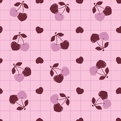pattern of lovely cherries with hearts on a square and pink background, printable texture