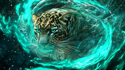 Mystical Leopard in Glowing Aqua Aura Animation