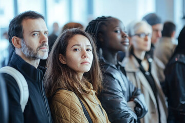 Obraz premium Diverse group of people waiting in queue registration line in the us election ready for voting.