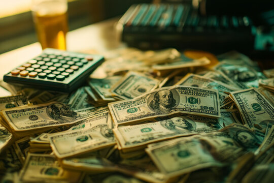 Elections and their impact on the US dollar in the new year 2024. Lots of 100 dollar bills and a calculator.