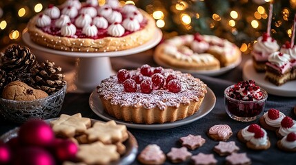A table full of desserts with a Christmas theme