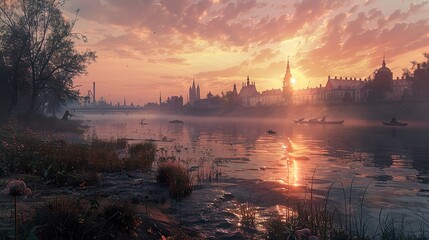 Naklejka premium Serene Sunset Over a River Cityscape