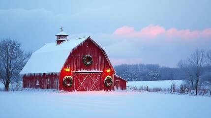A red barn with a wreath on the door and a cross on top