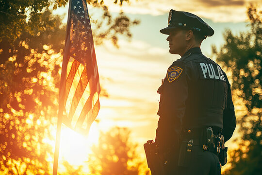 Silhouette of police man with USA flag against the sunset.