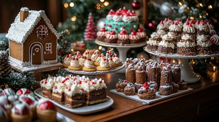 A table full of Christmas desserts including gingerbread houses, cakes