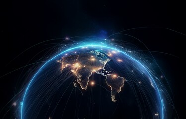 Obraz premium A glowing blue ring encircles a darkened earth, with interconnected lines of light extending from its surface.