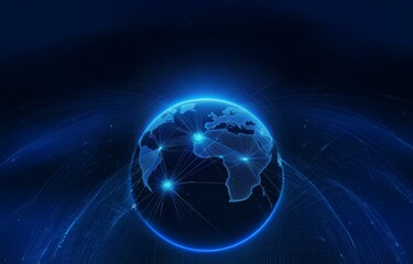 Obraz premium A glowing blue digital globe with connecting lines on a dark blue background.