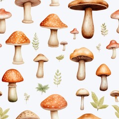 Seamless pattern with edible mushrooms pattern on white background. Watercolor botanical illustration. Autumn nature. Food ingredient. Design for print paper, fabric, wallpaper, poster