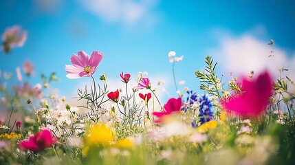 A field of flowers with a blue sky in the background